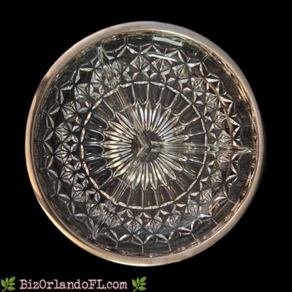 VINTAGE: 3-Part Pressed Glass Dish / Cut Crystal Style Pattern Silver Plated Rim